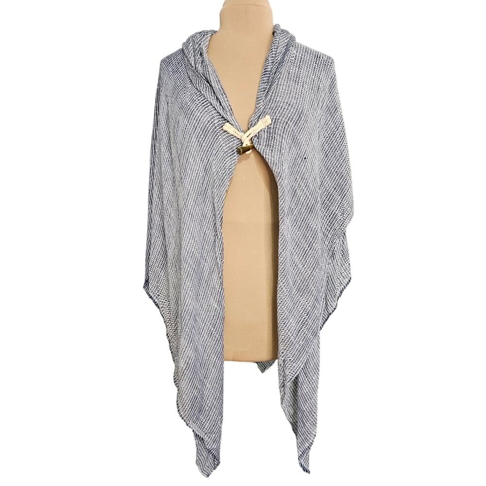 Lauren Conrad Stripe Chambray Blue White Shawl Beach Cover Kimono Toggle Closure